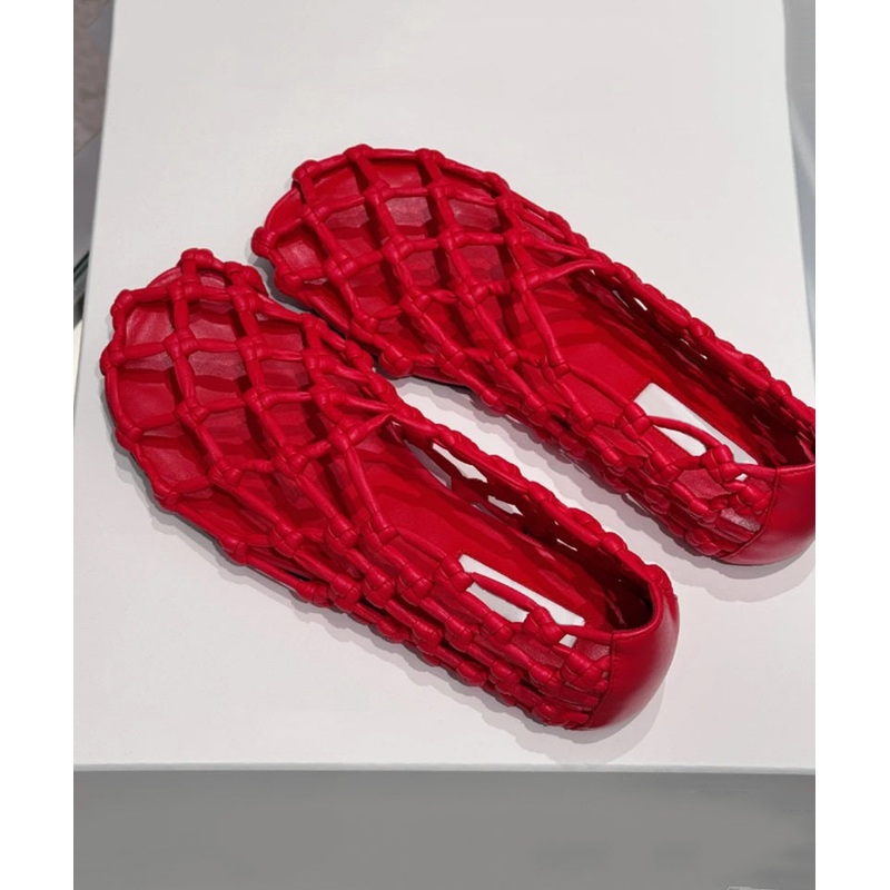 Stylish Sandals Walking Cowhide Red Splicing Out Hollow Leather