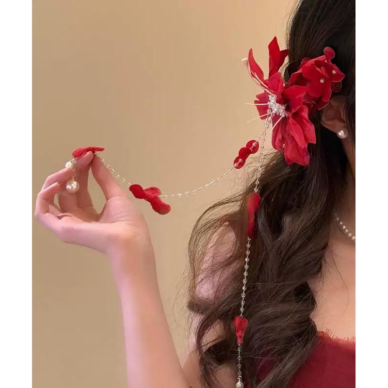 Tassel Floral Pearl Acrylic Red Beautiful Hairpin