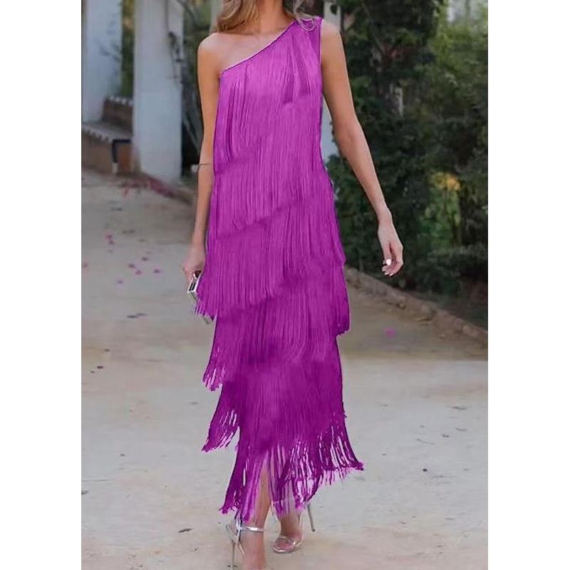 Tasseled Dresses Purple Shoulder One Women Sleeveless