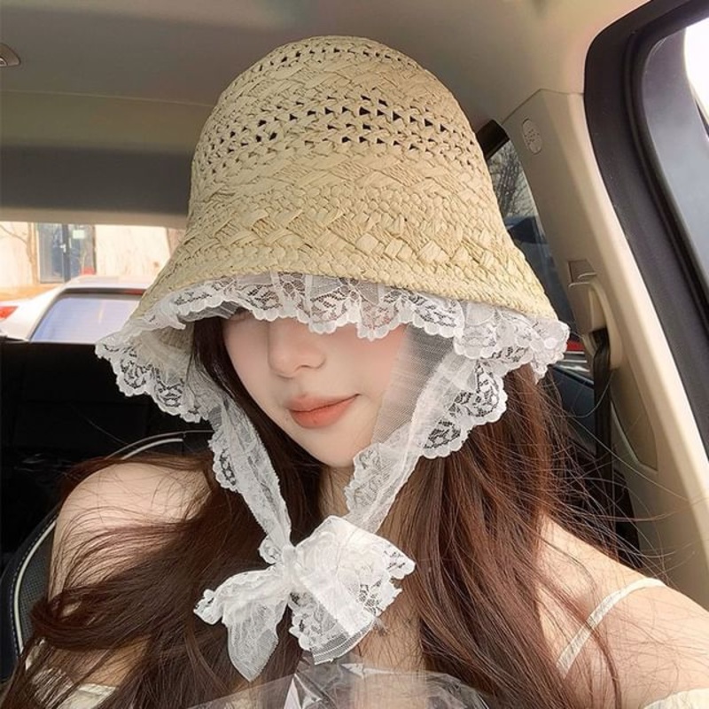 Trim Straw Lace Hat Bucket|Beige|Khaki|One Size