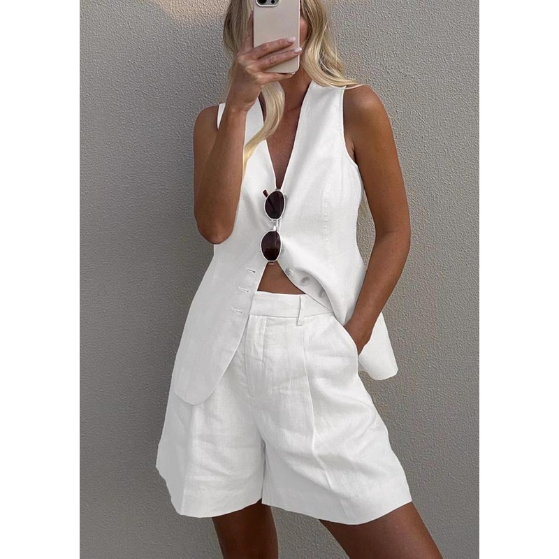 Vests V Two Fine And Linen Set Neck White Shorts Pieces Summer