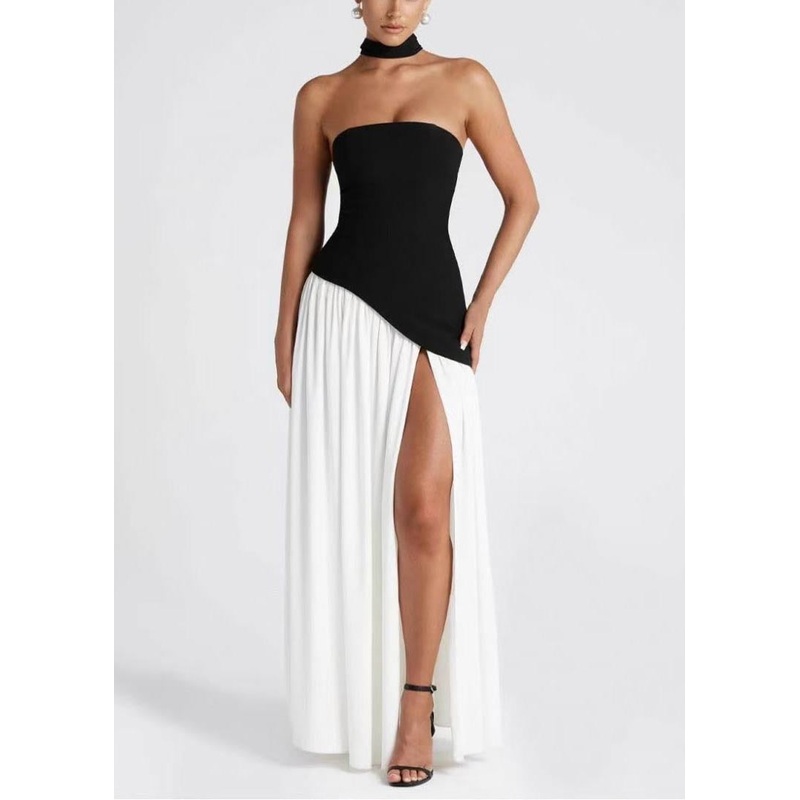 White Dresses Side Party Chic Black Chiffon Patchwork Open