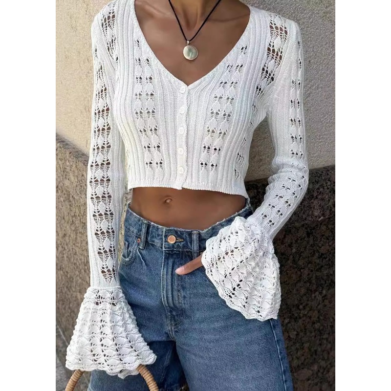 White Flare Fashion Sleeve Out Knit Shirts Hollow