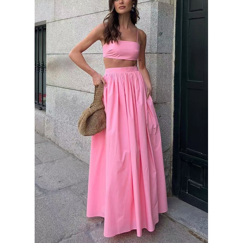 Women Cotton Sets Fitted Tops Silm Fit Strapless Skirts Pink And