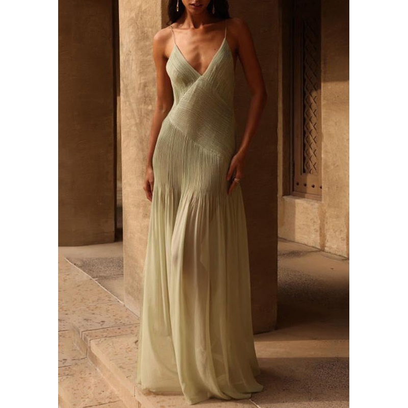 Wrinkled Light Summer Style Dress Green Strap V Spaghetti Neck