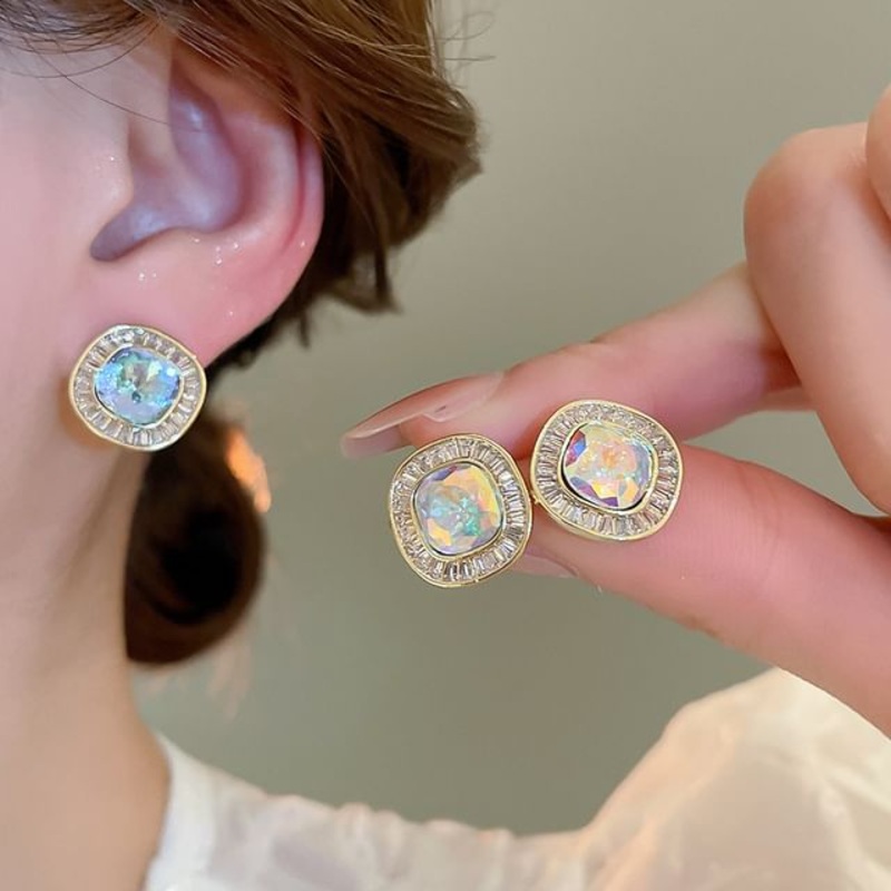 Alloy Rhinestone Earring Stud|1 Pair – Blue Rhinestone – Gold|1 Pair – Iridescent Rhinestone – Gold|One Size