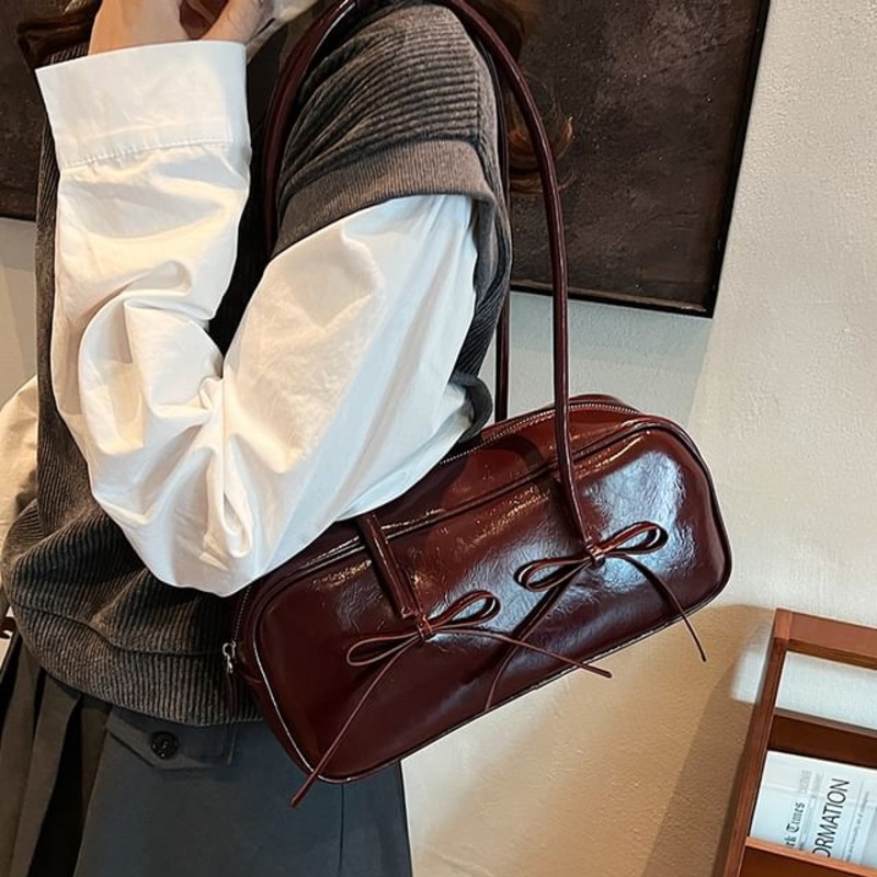 Bag Shoulder Leather Bow Faux|Black|Blue|Coffee|Pink|White|Wine Red|One Size