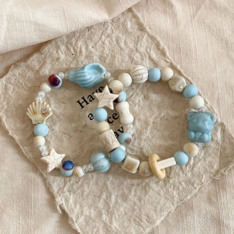 Bracelet Beaded / Set|1 Pc – Bear – Blue|1 Pc – Bear – Coffee|1 Pc – Conch – Blue|1 Pc – Fish – Pink|2 Pcs – Bear & Fish – Coffee & Pink|2 Pcs – Conch & Bear – Blue & Blue|One Size