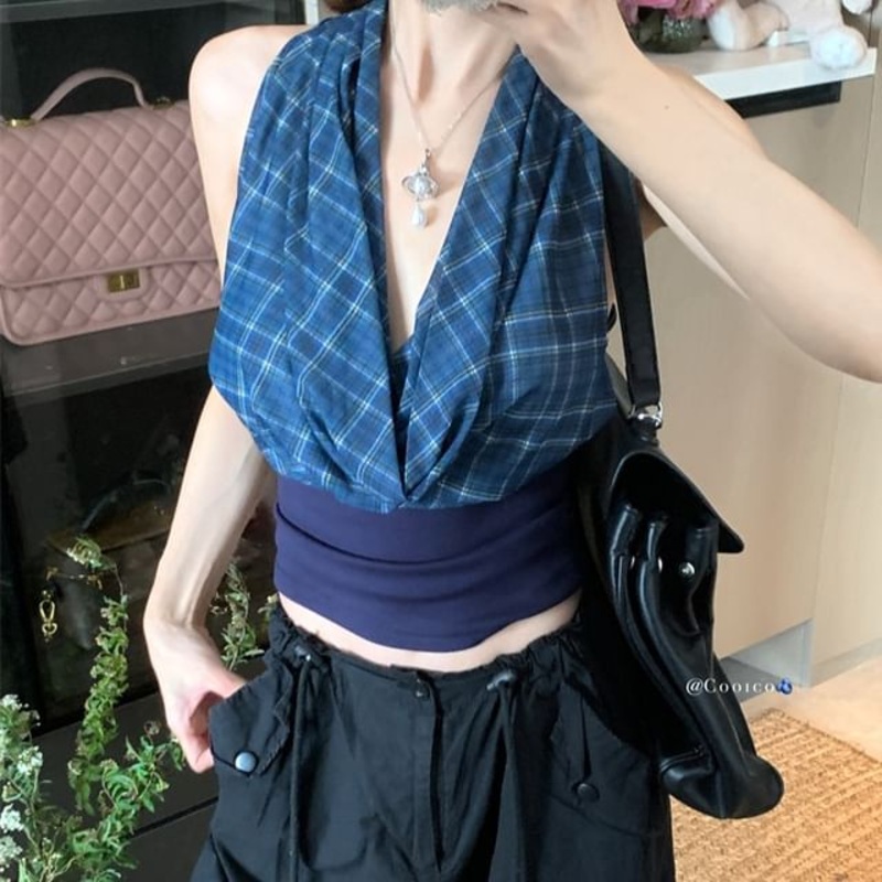 Crop Neck Plaid Back Cowl Open Panel Halter Top