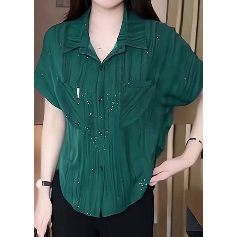 Green Modern Summer Sequins Chiffon Tops Blouse Tea