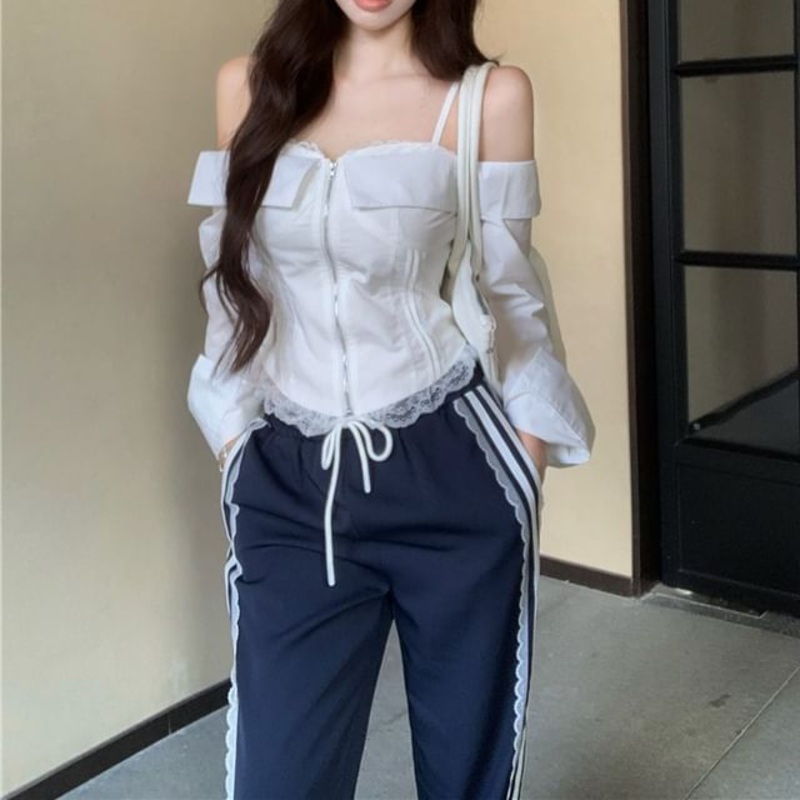 Pants Crop Long-Sleeve Blouse Trim Fit Waist Drawstring Striped Zip-Up Shoulder Cold Loose / Lace