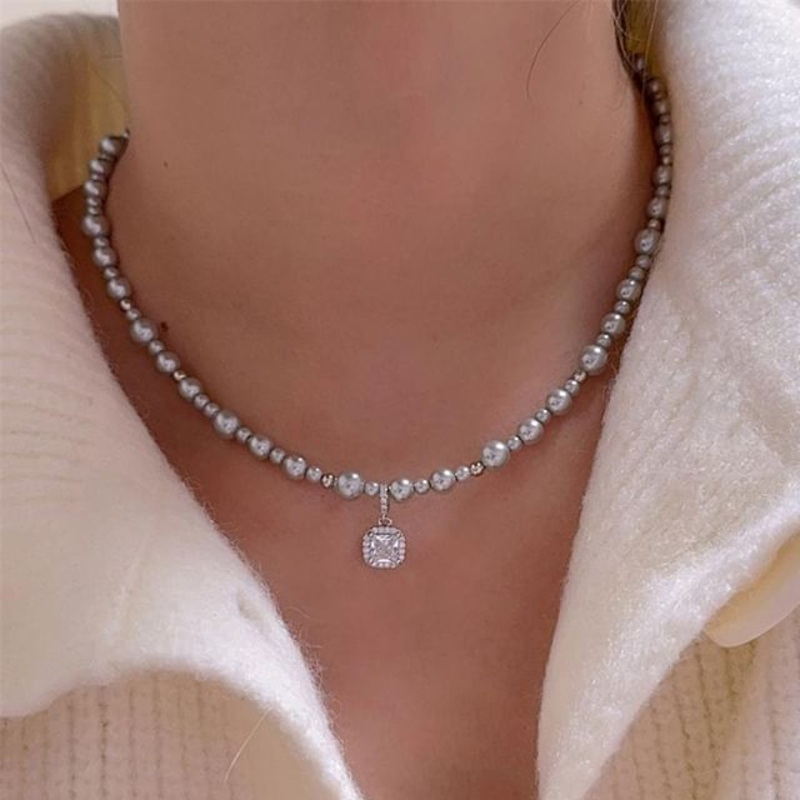 Rhinestone Beaded Necklace|Necklace – Gray|Necklace – Pink|Necklace – White|One Size