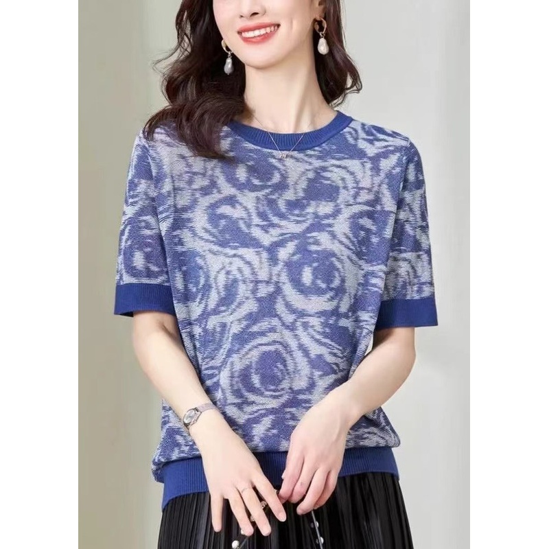 Summer O-Neck DIY Knit Print Top Blue