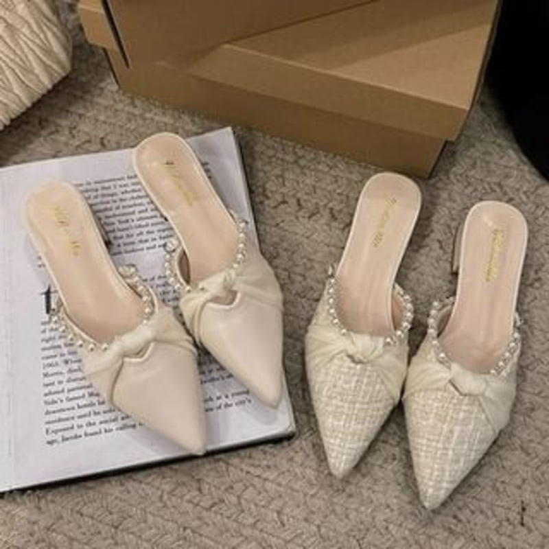 Toe Mules Knot Pearl Faux Chunky Heel Pointed