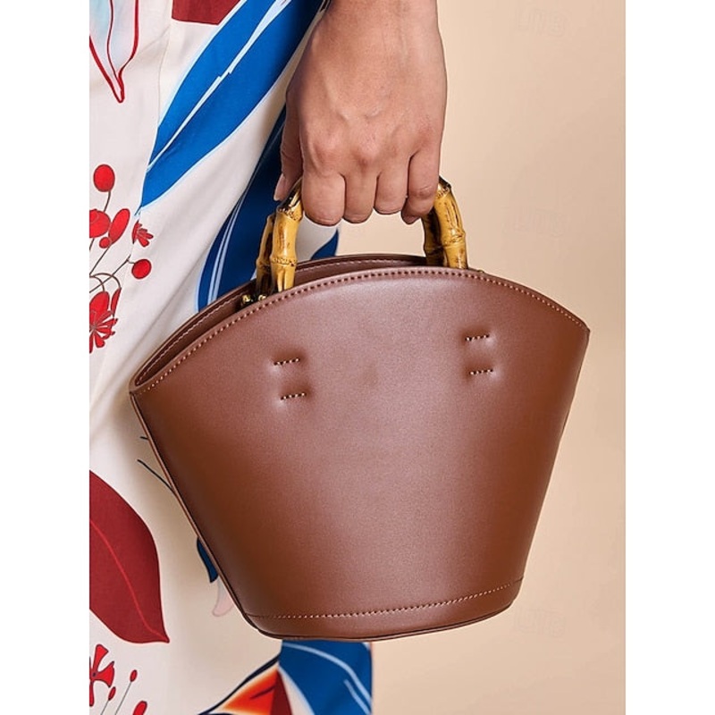 with Brown Leather Handle Bamboo Women’s Bucket Bag