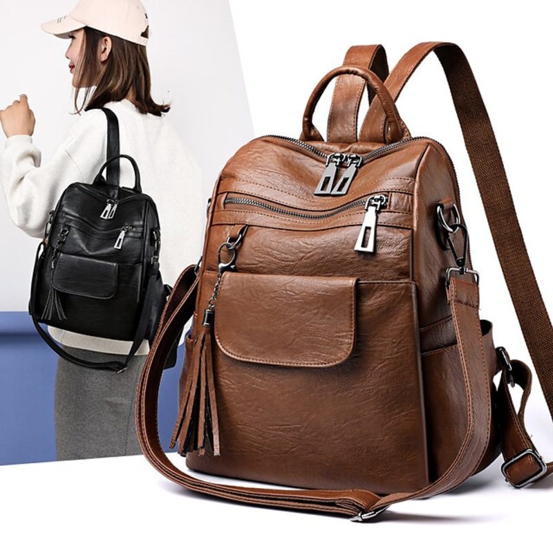 Women’s with Vintage Tassel and Purse Leather Backpack Faux