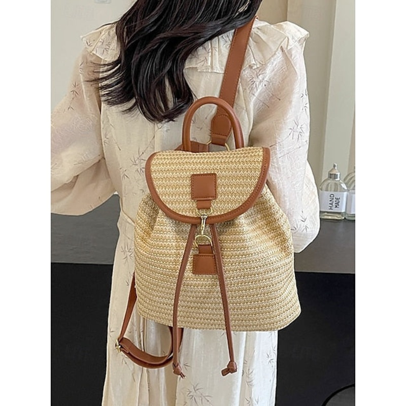 Women Woven Boho Bag with Rattan for Travel Straw Backpack