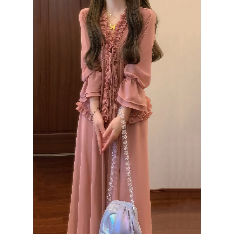And Pink Up Ruffled Chic Lace Pieces Set Two Skirts Shirt Chiffon