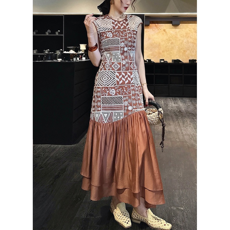 Brown Long Zippered Out Hollow Patchwork Dresses Cotton