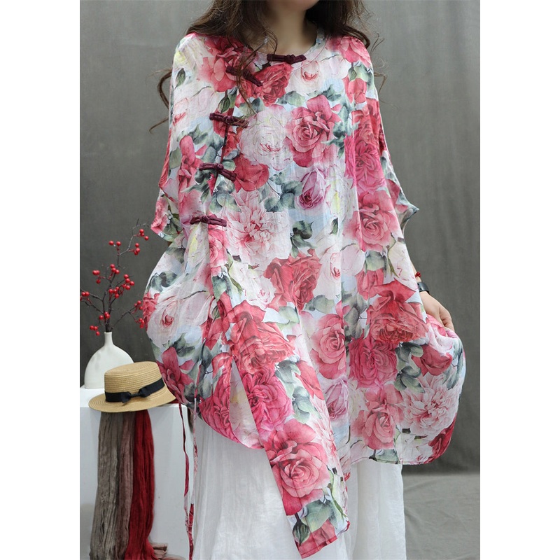 Cotton Sleeve Print Half Roses Chinese Style Red Shirts