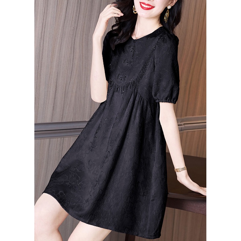 Cotton Summer Classy Black Neck Dresses O Embroidered