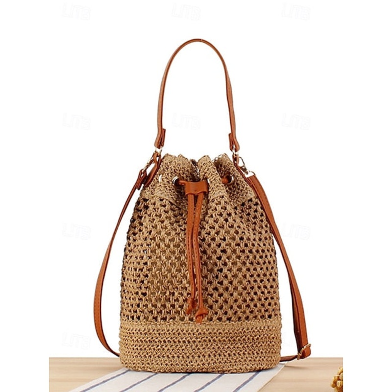 – Drawstring Summer Bucket Bag Woven Womens Stylish with Tote