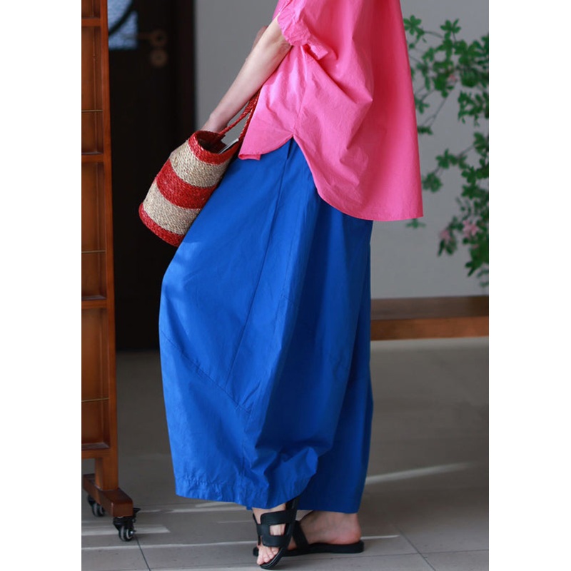 Elastic Blue Summer Loose Pockets Waist Pants Cotton