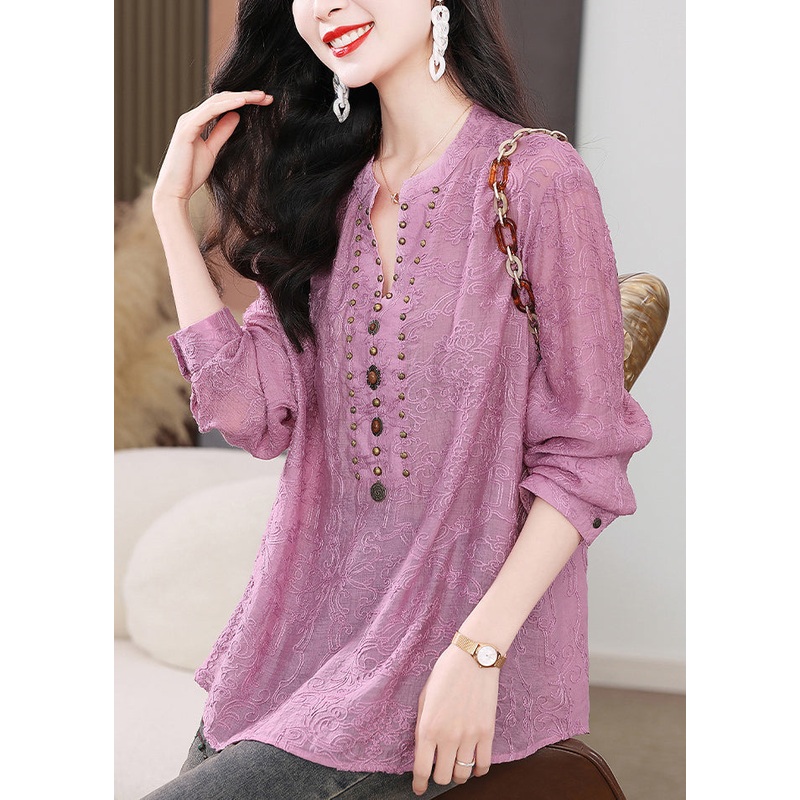 Embroidered Purple Chic Cotton Sleeve Nail Long Shirts Bead