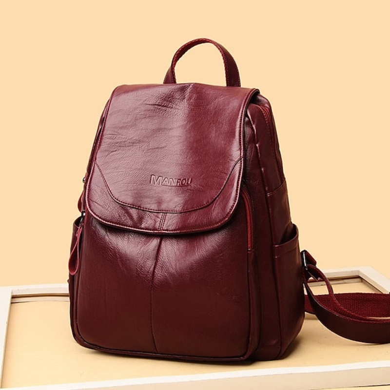 Leather Burgundy Backpack with Closure Women’s Flap Faux