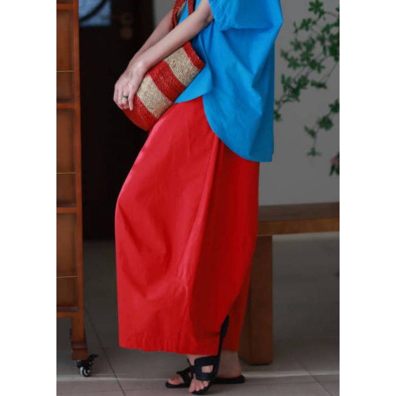 Pants Elastic Red Simple Wide Cotton Leg Waist Pockets Summer