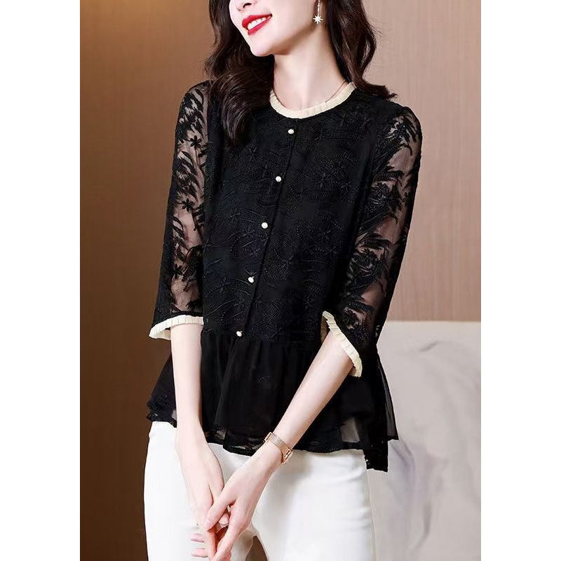 Silk Summer Top Embroidered Shirt Black Boutique O-Neck