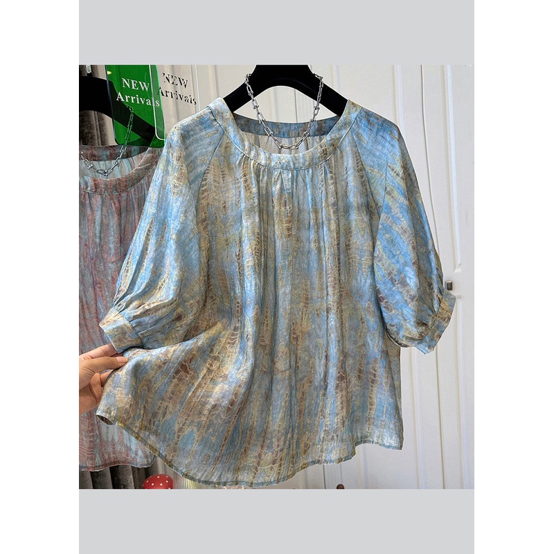 Top Neck O Chiffon Handmade Tie Dye Blue Bracelet Sleeve