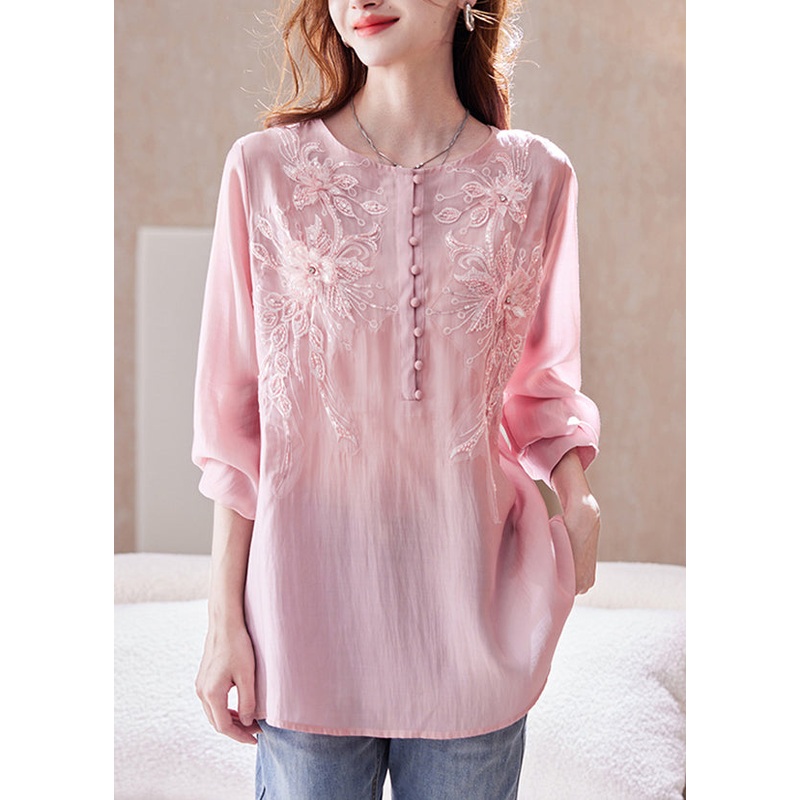 Top Sequins Shirt Sleeve Long Bead Loose Pink Chiffon Nail