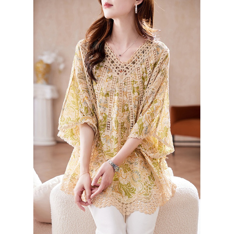 Tops Classy V Out Hollow Sleeve Cotton Batwing Neck Print