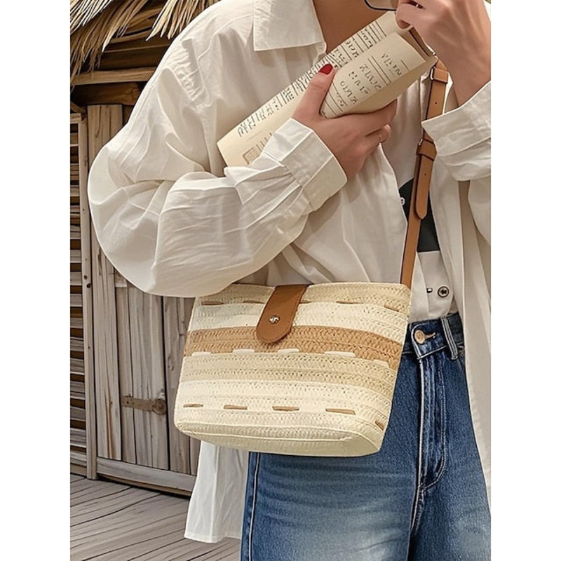 Tote Women’s Colorblock Striped Woven Brown Bag Straw with