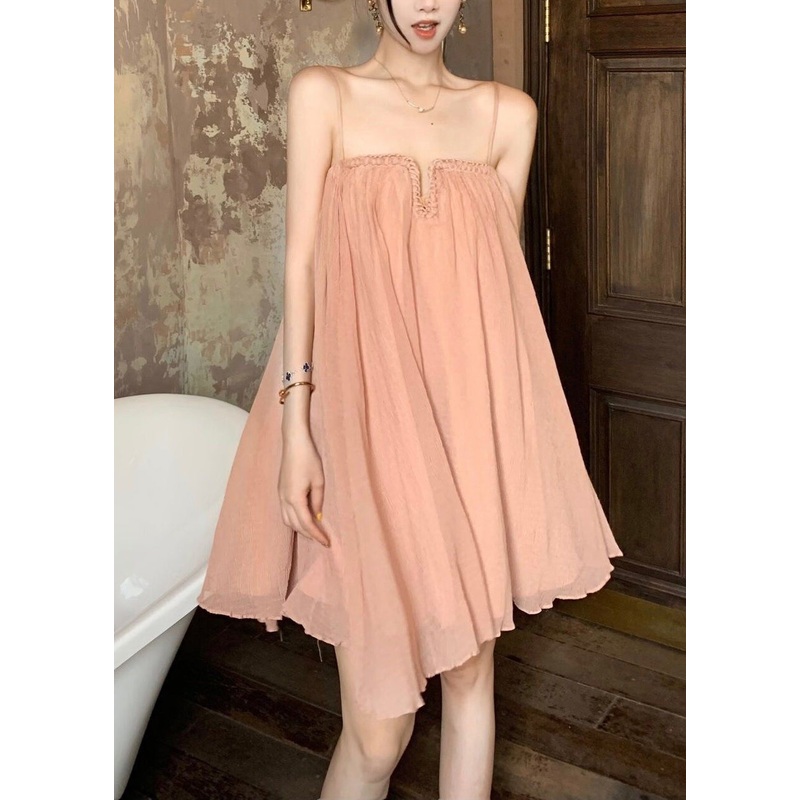 Tulle Summer Spaghetti Chic Dress Pink Wrinkled Strap