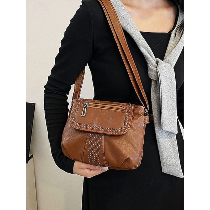 with Brown Studded Bag Leather Crossbody Faux Women’s