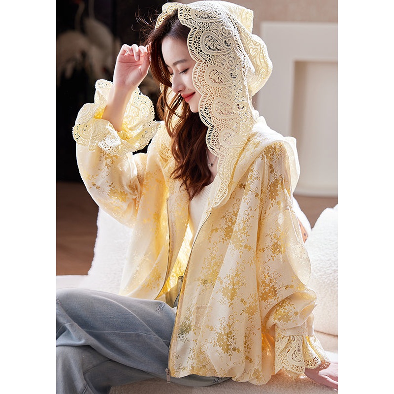 Yellow Fashion Batwing Up Hoodie Lace Coat Sleeve Zip