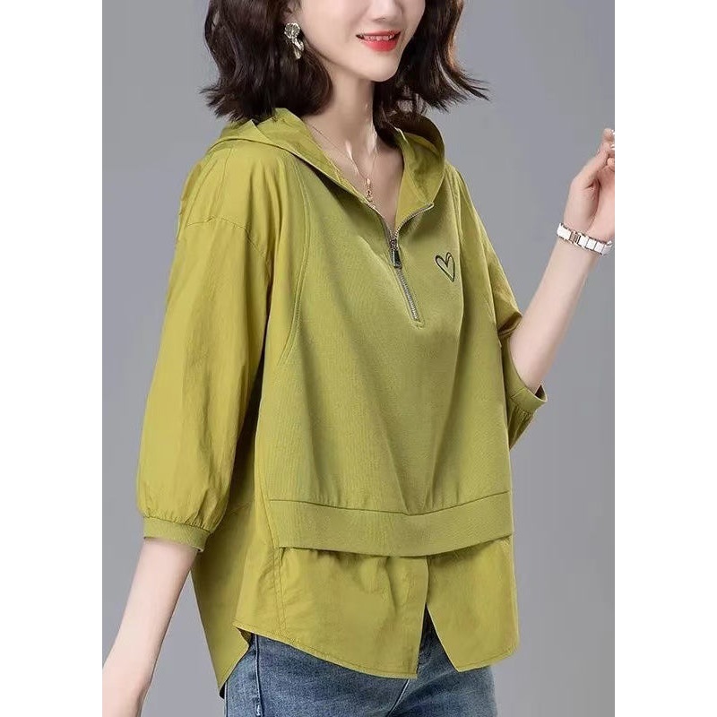Zippered Cotton Hooded Yellow Patchwork Summer Loose Tops