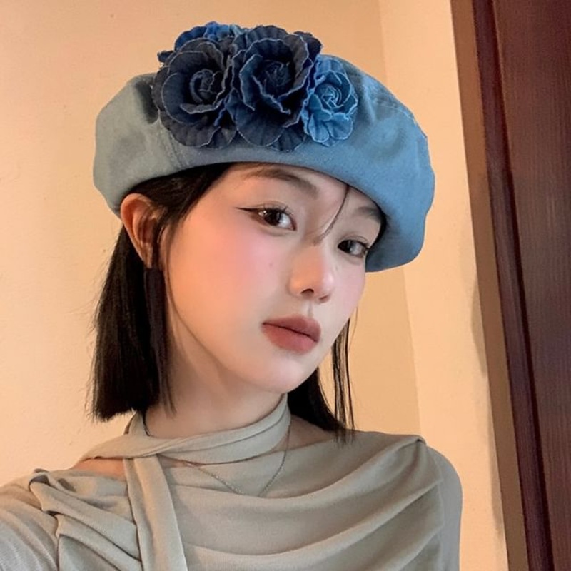 Beret Denim Floral Accent|Dark Blue|Denim Blue|M