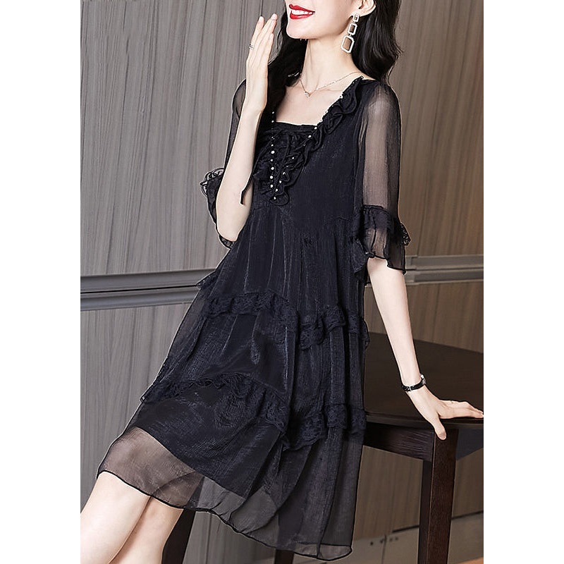 Chic Summer Chiffon Black Ruffled Patchwork Dress