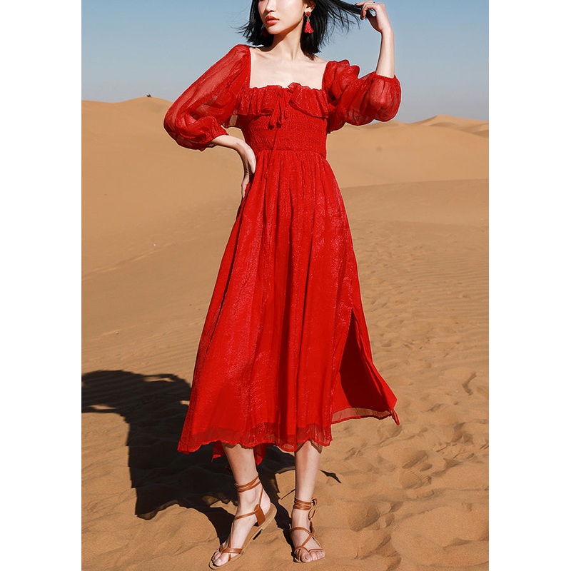 Collar Puff Red Side Beach New Dress Square Open Sleeve Cotton