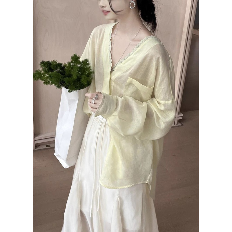 Cotton Blouse Yellow Neck Lace V Summer Pockets Silk