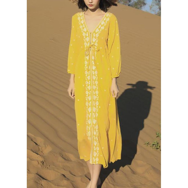 Cotton Up Yellow Bracelet Dresses Embroidered Long Lace Beautiful