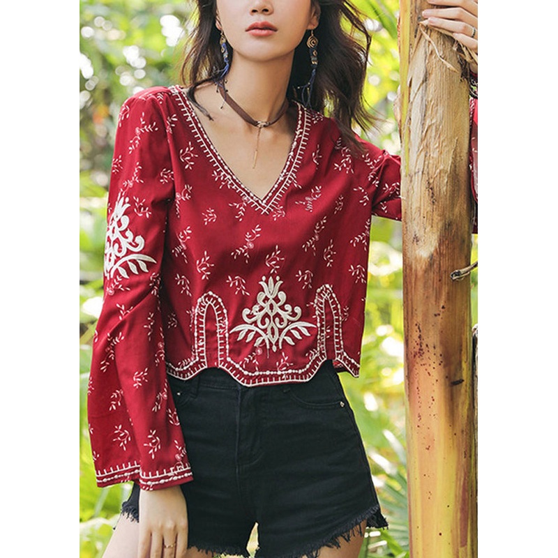 Flare V Cotton Red Neck Top Sleeve Embroidered Handmade