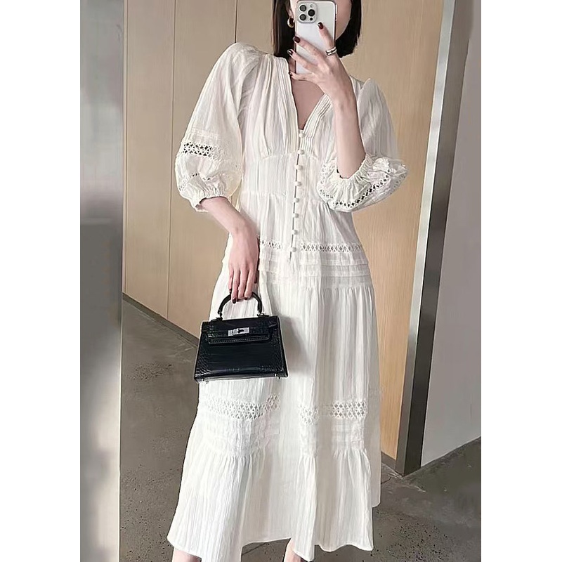Hollow Bracelet V Cotton Out White Sleeve French Neck Dress