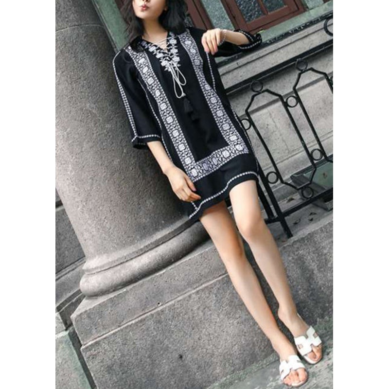 Sleeve Embroidered Cotton Up Lace Navy Mid Bracelet Loose Dress