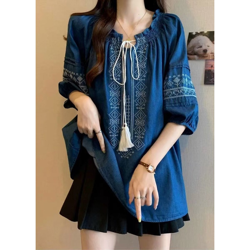Sleeve Embroidered Navy Bracelet Ruffled Blouses Boho Cotton
