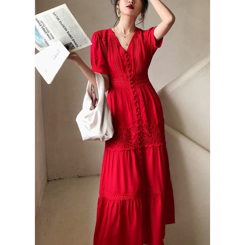 Summer Cotton Italian Button Lace Shirts Out Dress Hollow Red