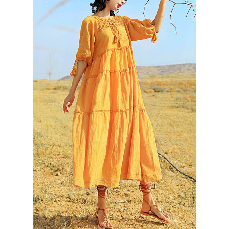 Summer Dress Yellow Solid Long Ruffled Cotton Lace Up